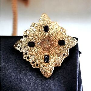 Vintage Square Filigree Black and Gold Colored Rhinestones in Gold Tone